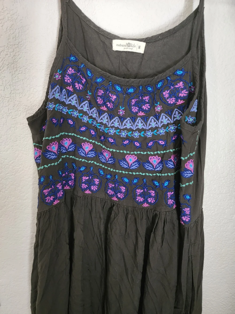 Natural Life Forest Green Embroidered Boho Midi Dress Women's Medium Adjustable - Picture 2 of 4